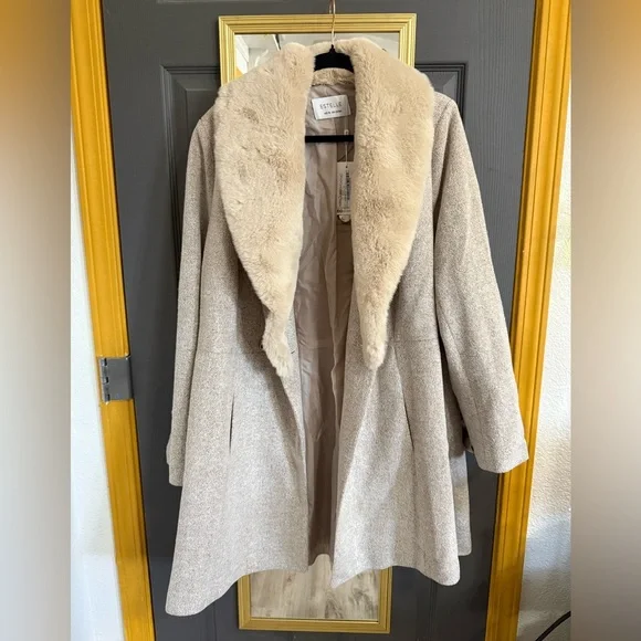 Elegant Beige Coat with Faux Fur Collar - Picture 2 of 5